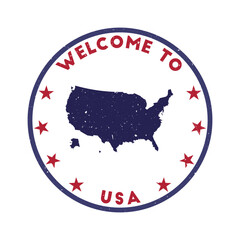 Welcome to USA stamp. Grunge country round stamp with texture in Chili Pepper color theme. Vintage style geometric USA seal. Elegant vector illustration.
