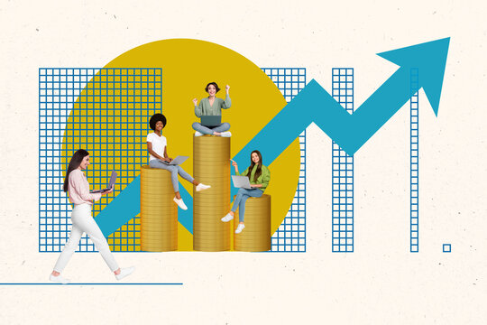 Advertisement template banner collage of successful emoney company brokers girls celebrate high income stocks sales isolated on beige background