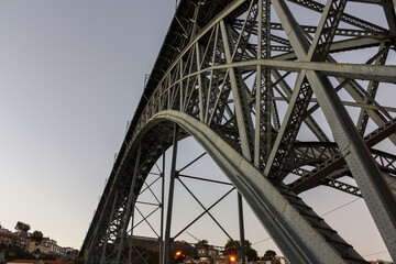 Close view of the Luis I bridge in Porto, Portugal, over the Douro river