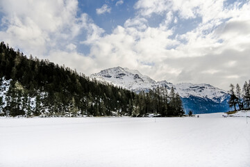 Fototapeta premium Silvaplana, Champfèr, Lej da Champfèr, See, Corvatsch, Engadin, Oberengadin, Silvaplanersee, Alpen, Piz da la Margna, Winter, Wintersport, Langlauf, Winterspaziergang, Graubünden, Schweiz 