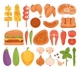 Barbecue set. Grilled food for BBQ party or summer picnic. Steak, chicken