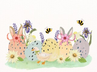 Happy Easter holiday template. Cute Duck, ears rabbit and egg harvest garden Concept of spring egg hunt