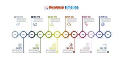 Data analytics and collection abstract process infographic template chart for business circle. 12 Months modern Timeline diagram calendar, presentation vector infographic
