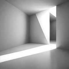 Empty internal background. White geometrically textured 3D wall, light floor with beautiful lighting, abstraction, generated in AI