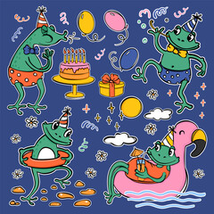 KIDS BIRTHDAY CLIPART Cheerful Amphibians Blowing Out The Candles On The Cake Drinking Cocktail Lying On A Flamingo And Bathing Resting Outdoors Party Cartoon