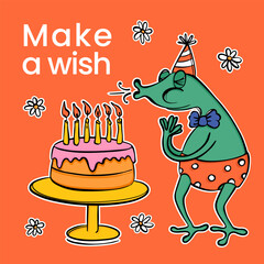 FROG MAKES WISH BIRTHDAY IG Post A Cheerful Amphibian Blows Out The Candles On Cake And Invites Friends To Party Square Template For Social Media In Flat Style
