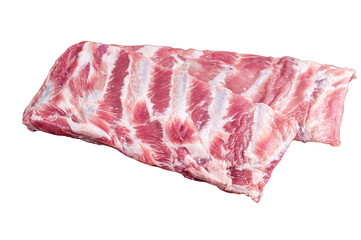 Rack of raw pork spare ribs on butcher table.  Isolated, transparent background.