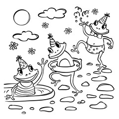 FROG POOL PARTY COLORING BOOK Funny Amphibians In Caps In The Pool With Swimming Circle And Bubble Straw Outdoor Picnic Monochrome Vector Sketch For Children