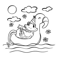 COLORING FROG Adorable Frog Lying On Flamingo Drinking Cocktail In Nature And Inviting Friends To Relax Together Vector Cartoon Hand Drawn Contour Sketch