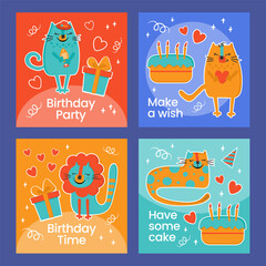 BIRTHDAY IG POST CATS Cheerful Pet With Cake And Gift Invites Friends To A Birthday Party Cartoon In Flat Style And Your Text Square Templates For Social Media