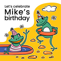 BIRTHDAY CHEERFUL FROG IG POST Charming Amphibians Swimming In Pool Resting Nature Cartoon And Your Text Square Celebration Template For Social Media