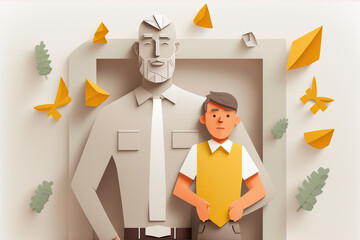 Joyful young father with his little son greeting card. Generative AI illustration.