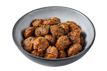 Fried Meatballs in tomato sauce from ground beef and pork meat.  Isolated, transparent background. - obrazy, fototapety, plakaty