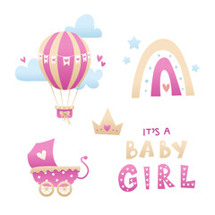 Baby shower. Set of Decoration Elements: Air Ballon, Baby pram, Clouds, Rainbow, Stars, Crown. It's a Baby Girl Lettering. Cute Vector Illustration.