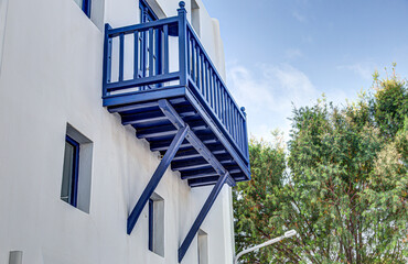 Blue wooden balcony in Mykonos, Cyclades, Greece