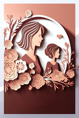 Happy Mothers Day card, paper cut style. Generative AI illustration.