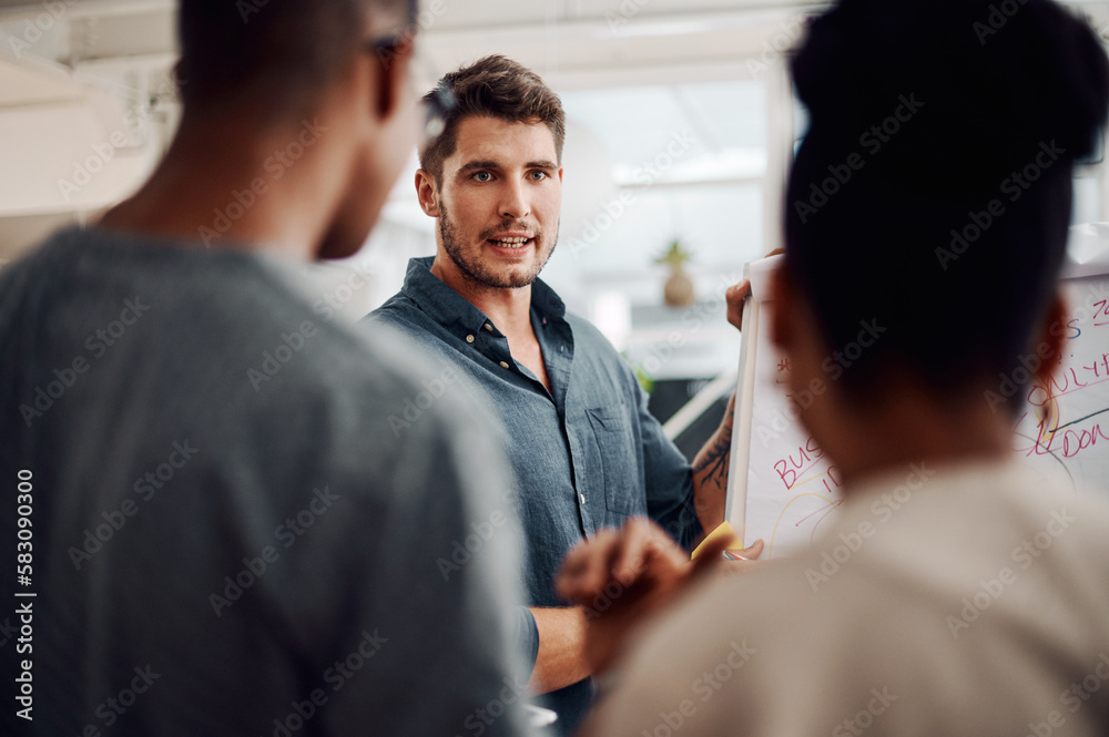 Poster visualising ideas goes a long way in business. a diverse group of businesspeople standing together a