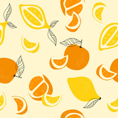 Hand drawn seamless pattern with oranges and lemons.  Citrus fruit patern on cream background.