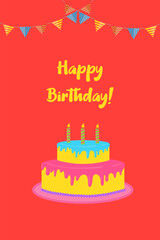 Birthday card on a red background with cake and flags. Vector