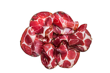 Coppa Cured ham on kitchen table. Isolated, transparent background.