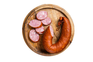 Bavarian Smoked sausage on a wooden board with herbs.  Isolated, transparent background.