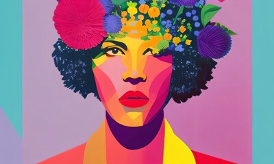 Pop Art Woman with Pink, Purple, Yellow, Blue  Pastel Flowers Illustrated Abstract Generative Ai Illustration