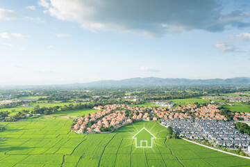 Land or landscape of green field in aerial view. Include agriculture farm, icon of home, house or residential building. Real estate or property for dream concept to build, construction, sale and buy.
