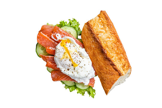 Poached egg with smoked salmon and avocado on toast.   Isolated, transparent background.