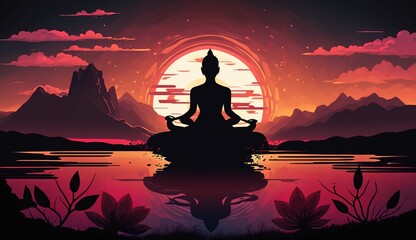 Yoga Day with sunset background, Generative ai