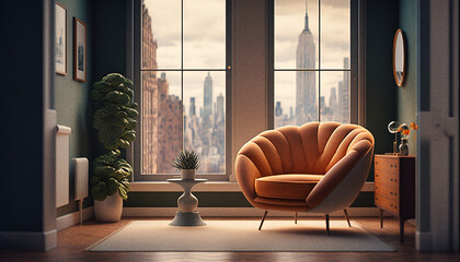 An elegant living-room with view on New-York City, armchair - generative ai