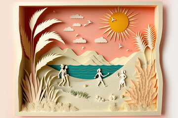 summer time. Sea with beach. Paper cut and craft style. Generative AI illustration.