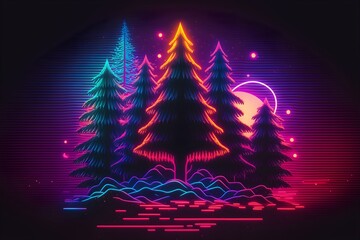 Abstract christmas neon colorful background in style of retro synthwave, AI generated