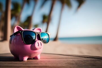 Pink piggy bank in sunglasses standing on empty wooden table with blurred palms and beach background