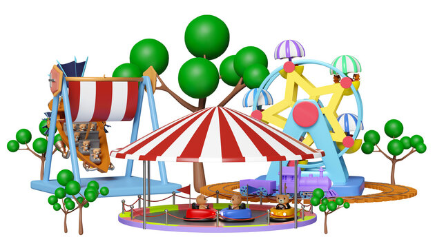 3d amusement park concept with electric bump car, teddy bear viking ship, railroad tracks, ferris wheel, landscape isolated. 3d render illustration