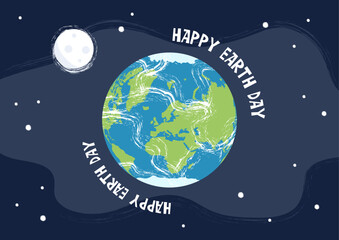 Naklejka premium Earth Day poster with Earth globe and Moon satellite in space, Earth Day banner, greeting, reminder in a drawing cartoon style.