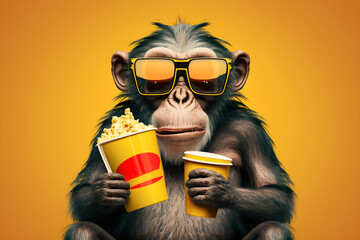 Monkey in 3d glasses with popcorn, concept of cinema background, AI generated