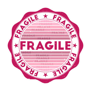 Fragile badge. Grunge word round stamp with texture in Secret Affair color theme. Vintage style geometric fragile seal with gradient stripes. Authentic vector illustration.