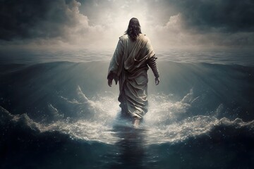 Jesus Christ walking on the water on the sunset, AI generated