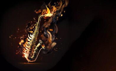 Saxophone on fire. Banner. Copy space. AI generated