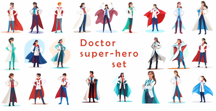 Set of illustrations of female Doctor super-hero in a medical uniform, National doctors day celebration. Vector isolated cartoon style drawing.