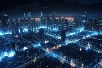 Energy of fractal realms, network concept, city at night, generative ai