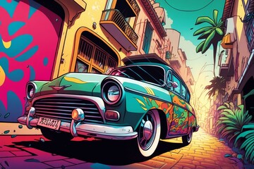 Surreal Anime Style Illustration of Vintage Car Driving Through Colorful Graffiti-Covered City Street: A UX/UI E-commerce Marvel for Auto Enthusiasts!, Generative AI - obrazy, fototapety, plakaty