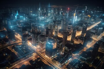 Energy of fractal realms, network concept, city at night, generative ai