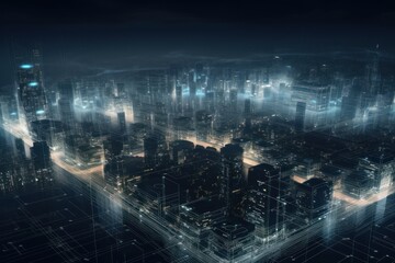 Fototapeta na wymiar Energy of fractal realms, network concept, city at night, generative ai