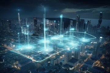 Obraz premium Energy of fractal realms, network concept, city at night, generative ai