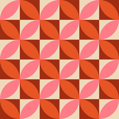 Mid Century modern pink and orange geometric circles seamless pattern on burgundy and beige squares.