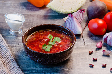 Borscht is a traditional dish of Ukrainian Russian Slavic cuisine, vegetable soup in meat broth