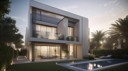 Luxury villa architecture from outside, Dubai UAE. Illustration for inpiration or real estate advertisement. - obrazy, fototapety, plakaty