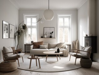 Naklejka na ściany i meble Scandinavian interior style livng room with sofa, coffee table and decoration. Generatvie AI
