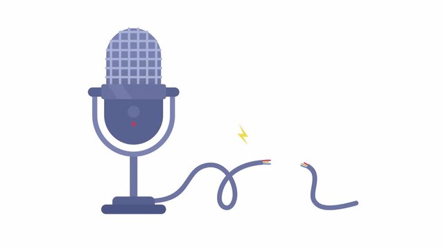Animated microphone with broken wire. Mic device with damaged cable. Flat cartoon style icon 4K video footage. Color isolated element animation on white background with alpha channel transparency